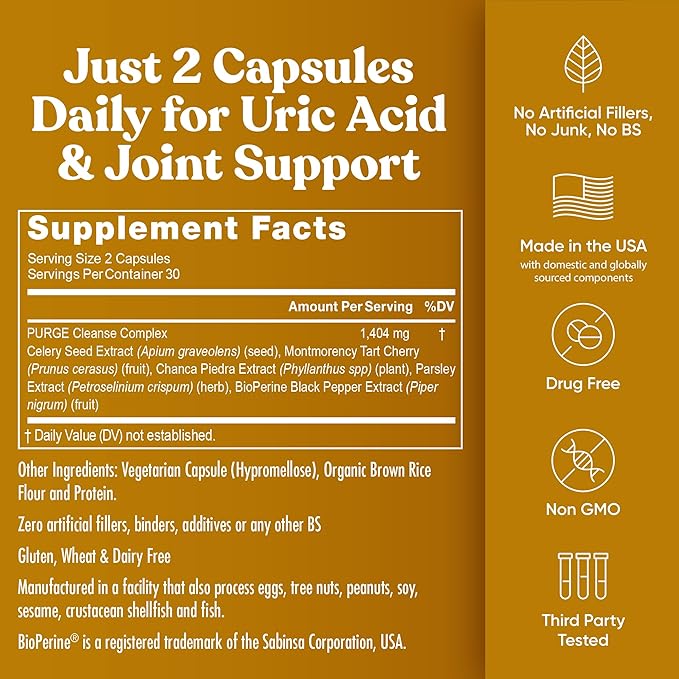 Eu Natural Purge Uric Acid Flush - Eat & Drink What You Want - Uric Acid Support for Joints & Mobility with Celery Seed, Tart Cherry & Chanca Piedra - 60 Vegetarian Capsules