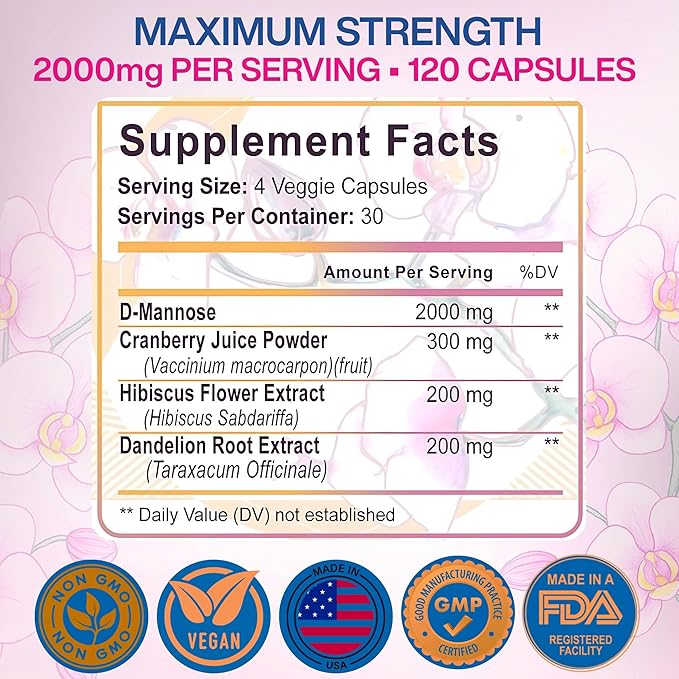 Cranberry Pills for Women with D-Mannose - D Mannose Supplements for Women + Cranberry Supplement - Daily Urinary Support, Bladder Comfort & pH Balance - 120 Veggie Capsules
