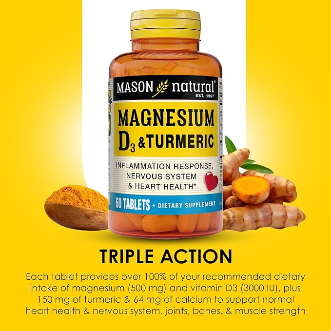 MASON NATURAL Magnesium & Vitamin D3 with Turmeric, 180,Day Supply, Dietary Supplement for Daily Wellness Support, 60 Tablets (Pack of 3)