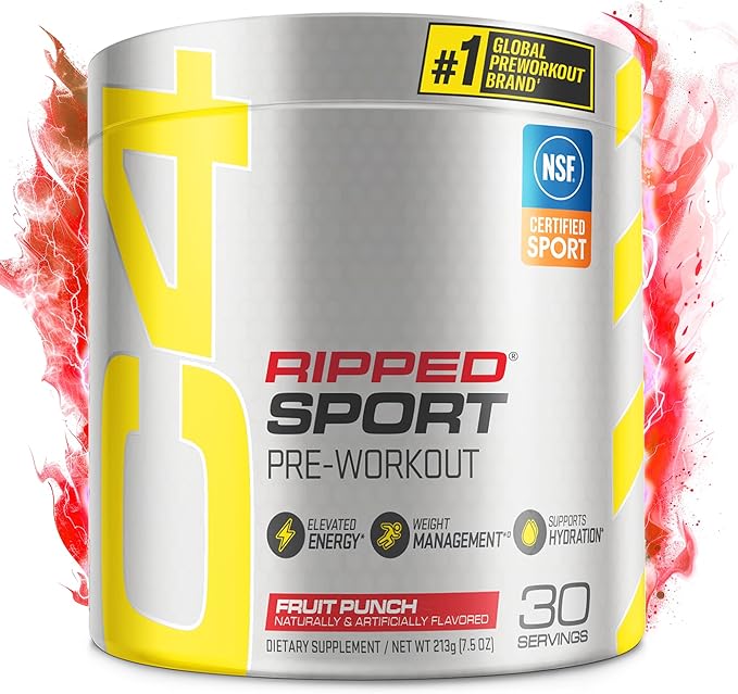 C4 Ripped Sport Pre Workout Powder Fruit Punch - NSF Certified for Sport + Zero Sugar Preworkout Energy Supplement for Men & Women - 135mg Caffeine + Weight Loss - 30 Servings