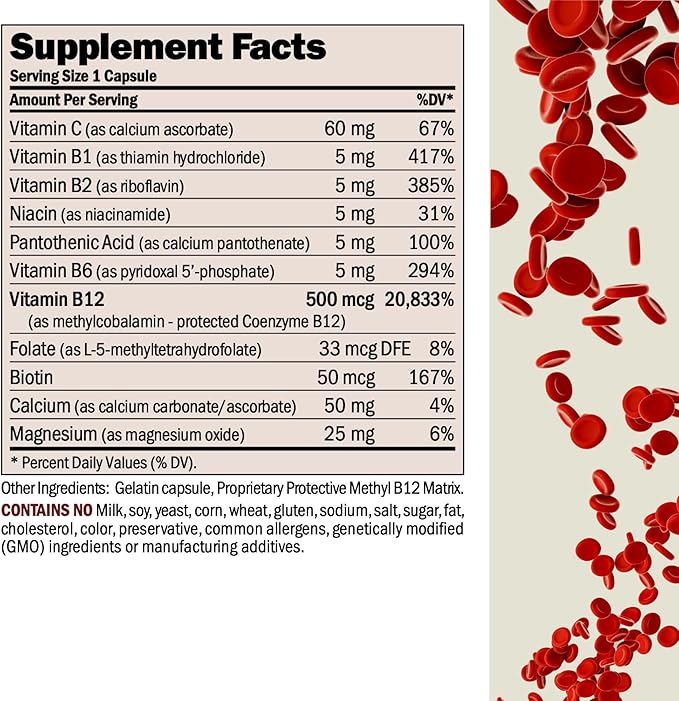 ANDREW LESSMAN Vitamin B12 500 180 Capsules - Absorption-Protected Methylcobalamin (Natural Coenzyme Vitamin B12), Essential for Energy and Stress Support, Plus B-Complex, Easy to Swallow Capsules