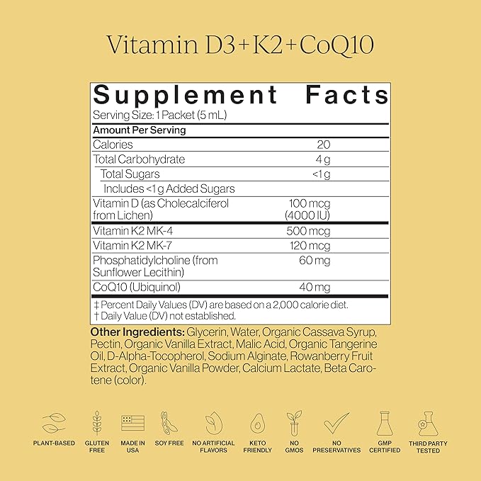 CYMBIOTIKA Liposomal Vitamin D3 + K2 + CoQ10 Liquid Supplement, Enhanced Absorption, Joint + Bone Health, Immune Support, Heart Health, Gluten Free, Soy Free, Plant-Based, 28 5 mL Packets