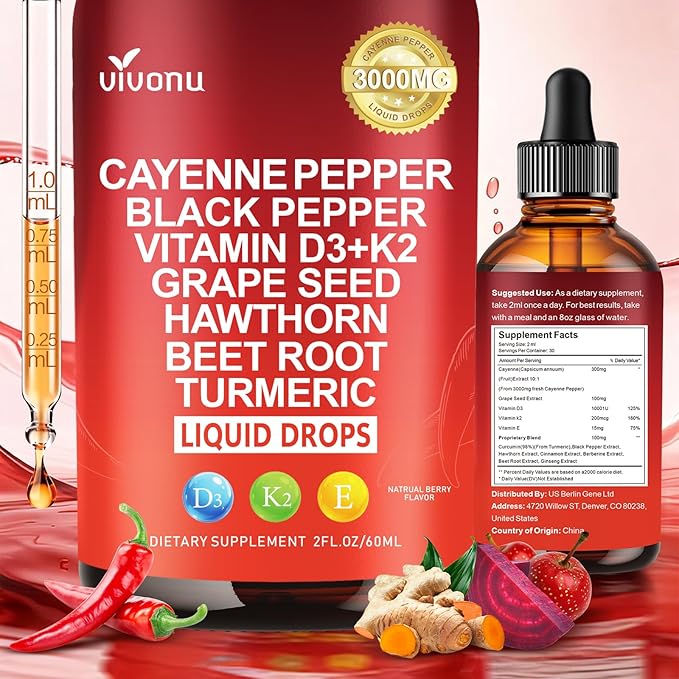 Cayenne Pepper Softgels Supplement, Supports Leg Vein, Heart and Blood Vessel Health, with Vitamin E D3+K2 and Extracts of Grape Seed, Hawthorn, Beetroot, Berberine and Others (Drops / 1 Bottle)