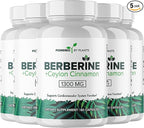 Pure Berberine Supplement - 1300mg Berberine with Ceylon Cinnamon for Metabolism & Immune System Support - 5 Pack, 300 Servings