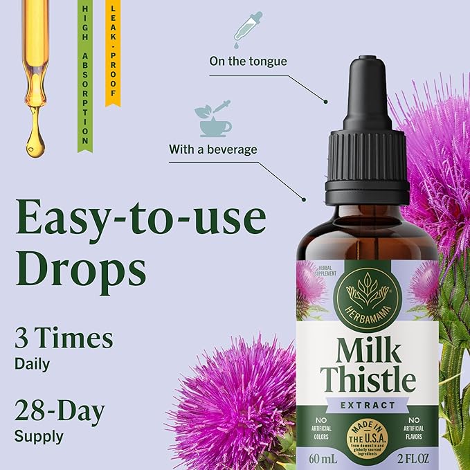 HERBAMAMA Milk Thistle Drops - Vegan Liver Support with Milk Thistle Extract Tincture - Non-GMO, Alcohol & Sugar-Free Liver Detox and Cleanse Supplement, 28-Day Supply
