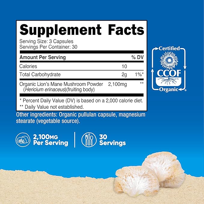 Nutricost Lion's Mane Mushroom Capsules 2100mg, 30 Servings - CCOF Certified Made with Organic, Vegetarian, Gluten Free, 700mg Per Capsule, 90 Capsules
