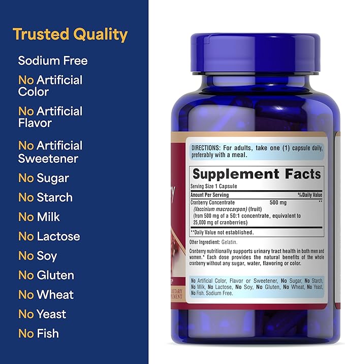 Puritan's Pride Naturally Sourced Cranberry One Per Day Fruit Concentrate 500mg, 50:1 Dietary Supplement for Urinary Tract Support, 4 Month Supply, 120 Rapid Release Capsules