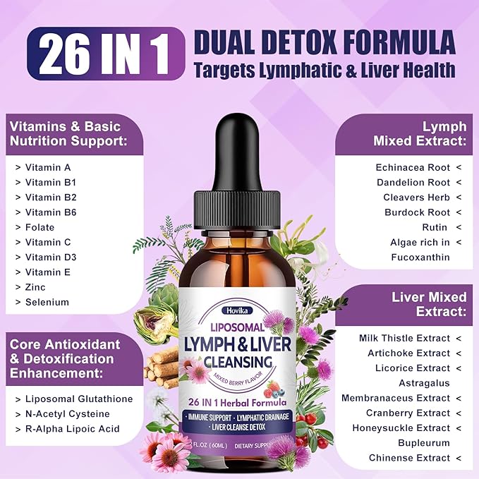 Liposomal Lymphatic Drainage Drops, 26 in 1 Liver Cleanse Detox & Repair with Milk Thistle, Echinacea, Glutathione, Vitamins, Lymph-Liver Cleanse, Gut & Metabolic Health - Mixed Berry Flavor 2 Fl Oz
