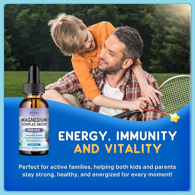 Magnesium Glycinate Liquid for Kids, Kids Magnesium Liquid Drops Supplement with L-Theanine, Calcium, Zinc, Vitamin D3 K2 for Sleep Calm Relaxation Brain Bones Focus, Grape Flavor 2 Fl Oz
