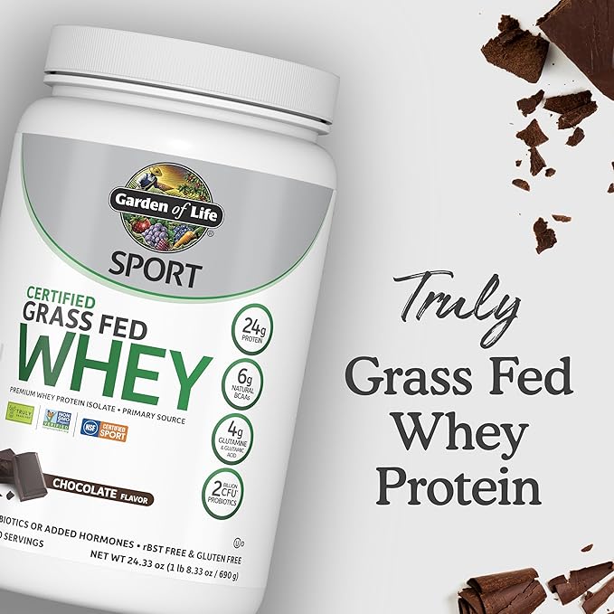 Garden of Life SPORT Whey Protein Powder Chocolate, Premium Grass Fed Whey Protein Isolate plus Probiotics for Immune System Health, 24g Protein, Non GMO, Gluten Free, Cold Processed - 20 Servings