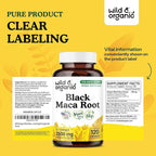 Wild & Organic Black Maca Root Capsules for Women & Men 500 mg - Overall Support - 120 Vegan Capsules with Maca Powder - Men & Women Supplement - 120 Days Supply, Non-GMO, No Fillers, Gluten-Free