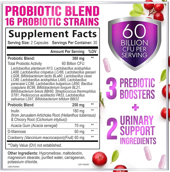 Probiotics for Women - Prebiotic and Probiotic Blend 60 Billion CFU Per Serving - 16 Strain Women's Probiotic for pH Balance & Vaginal Support - Digestive & Immune Support, Bottled USA - 60 Capsules