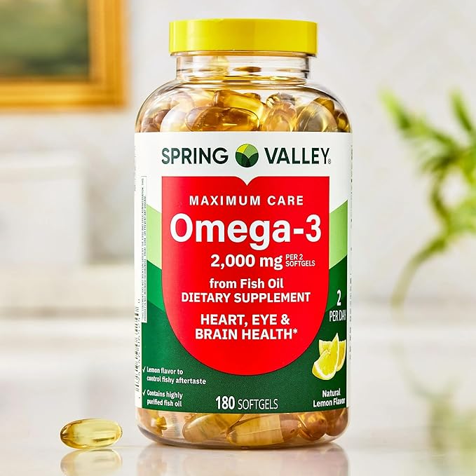 SUREFECT Spring Valley Maximum Care Omega-3 2000mg Fish Oil - 180 Softgels - General Wellness & Cardiovascular Support* - High EPA/DHA (1480mg), Lemon Flavor Organizer.