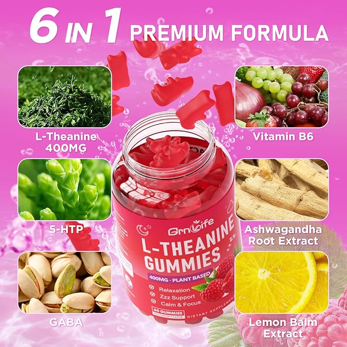 2 Pack L-Theanine Gummies for Kids & Adults, L'Theanine 400mg with Ashwagandha, GABA, 5HTP, L Theanine Supplement for Calm, Zzz & Relaxation Support, Raspberry Flavor, 120 Counts
