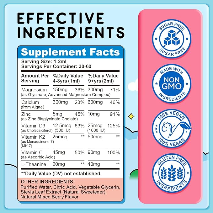 (2 Pack) Magnesium Glycinate Liquid for Kids, Kids Magnesium Liquid Drops Supplement with L-Theanine, Calcium, Zinc, Vitamin D3 K2 for Sleep Calm Relaxation Brain Bones, Mixed Berry Flavor 4 Fl Oz