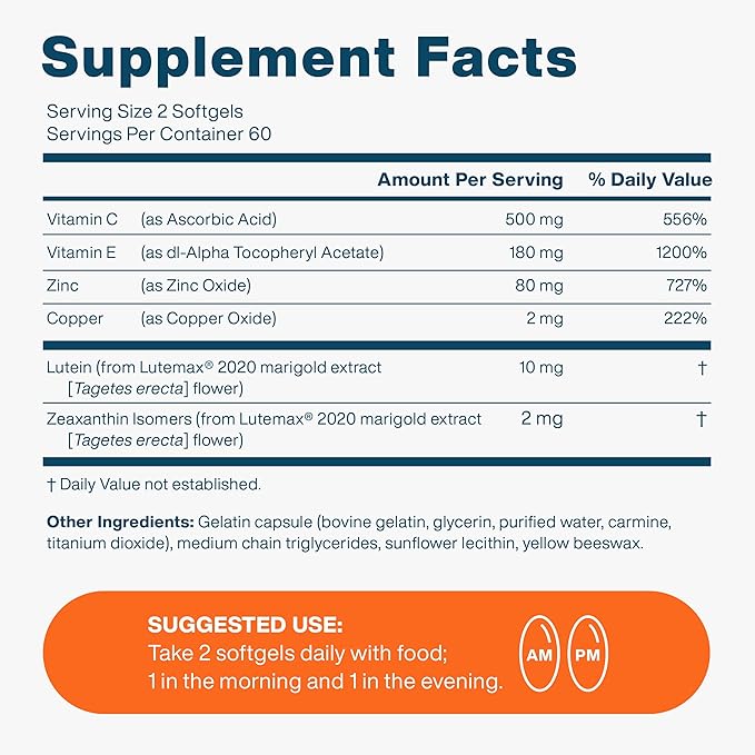 AREDS 2 Eye Vitamin & Mineral Supplement for Ocular Health, Natural Eye Institute AREDS 2 Study Formula with Lutein, Vitamin C, & Zeaxanthin, 120 Mini Softgels