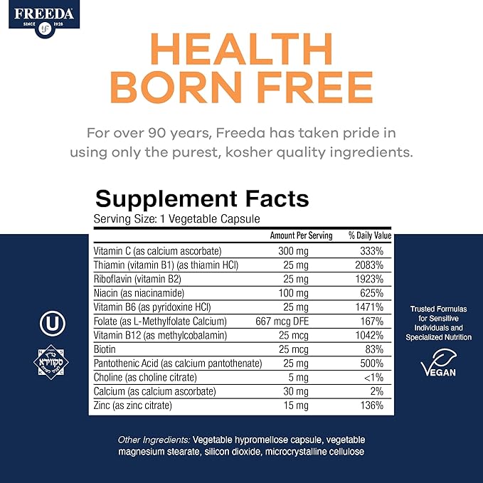 FREEDA Vitamin B Complex with Vitamin C & Zinc – Stress B Complex, Methylfolate & Active B12 + B1 B2 B3 B6 Biotin Choline – BComplex Vitamins for Women & Men – SCD Legal, Kosher, Vegan (180 Capsules)
