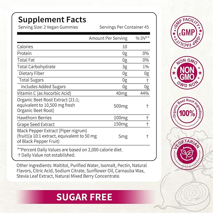 Organic Beet Root Gummies, Mixed Berry Flavor Supplements,Natural Extract, 21:1 Concentrate, Sugar Free Chews, Energy, Vitality & Performance Support, Beetroot Gummies