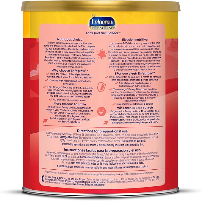 Enfagrow Premium Toddler Milk Nutritional Drink,Enfagrow Toddler Drink,Try Our Brain-Supporting Trio,32oz Can,(Pack of 2)