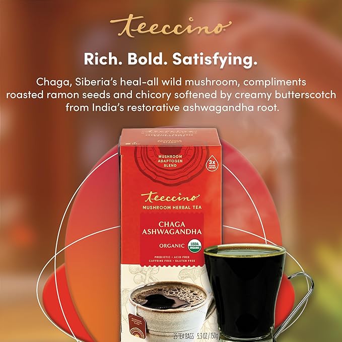 Teeccino Organic Mushroom Herbal Tea, Chaga Ashwagandha, Butterscotch Cream, Caffeine Free, 25 Tea Bags, 5.3 oz (150 g)