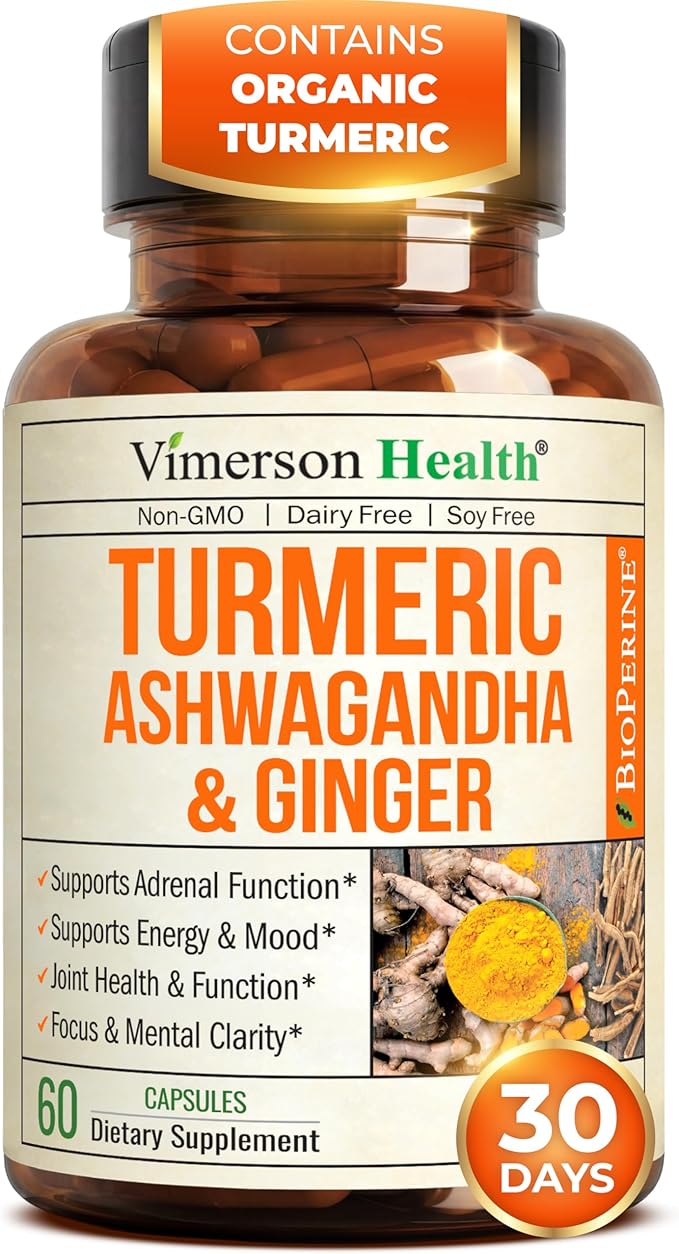 Ashwagandha Organic Turmeric Curcumin Supplement with Ginger Root & Black Pepper – Joint Health, Energy & Immune Support – Antioxidant Blend with 95% Curcuminoids – 60 Capsules