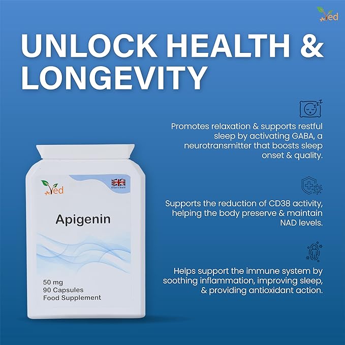 Ved Apigenin 50mg, Optimal Dose for Sleep & Relaxation Support, Grapefruit Source, 90 Vegan Capsules,(3 Months Supply)