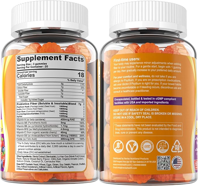 Fiber Gummies for Adults with Psyllium Husk, 7G(Soluble + Insoluble) Daily Prebiotic Fiber with Inulin, FOS, Guar Gum, Multivitamins for Daily Digestive Health, Regularity Support,Sugar Free,Pack of 2