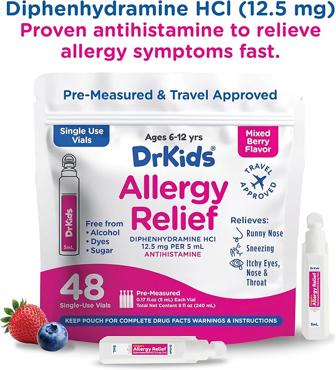 Dr. Kids Children's Allergy Relief Medicine with Diphenhydramine HCl 12.5 mg - Pre-Measured Single-Use Vials, Kids Antihistamine for Sneezing, Runny Nose & Itchy Eyes, Mixed Berry Flavor, 48 Count