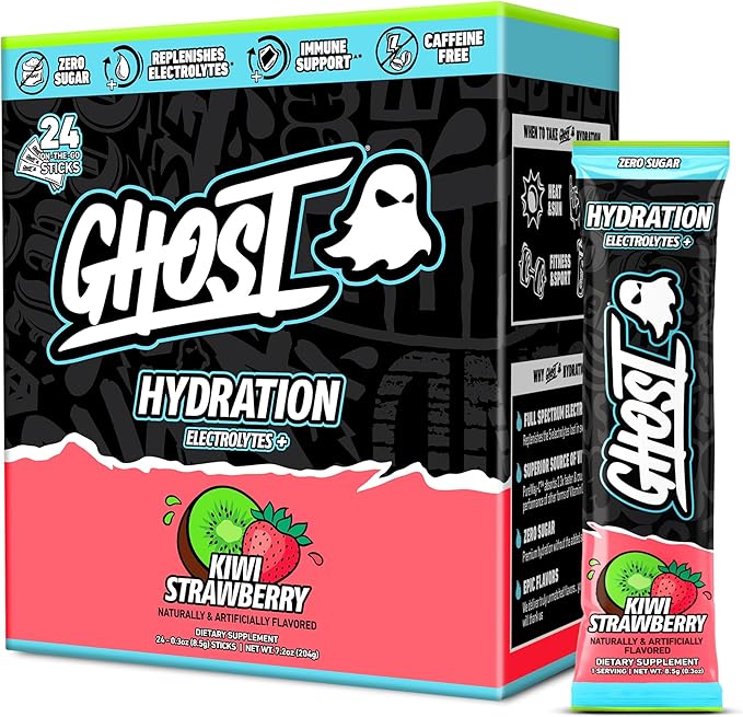 GHOST Hydration Sticks, Electrolyte Powder Packets, Kiwi Strawberry - 24 Sugar Free Instant Electrolyte Drink Mix - Caffeine-Free Daily Hydration & Immune Support with Clean Formula