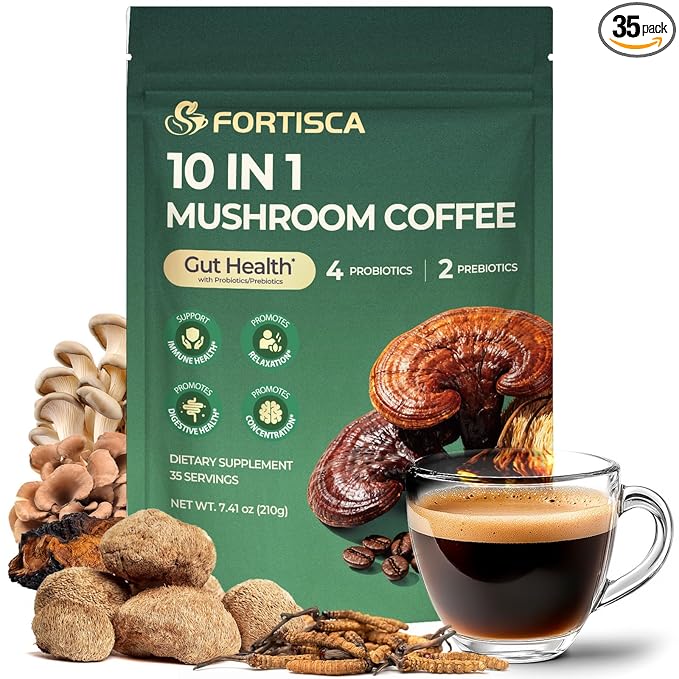 10 Kinds Mushroom Coffee with Probiotic(Lion's Mane, Cordyceps, Turkey Tail & Other), Ashwagandha Instant Coffee Mushroom Supplement for Better Energy, Gut Health 210g 7.41oz