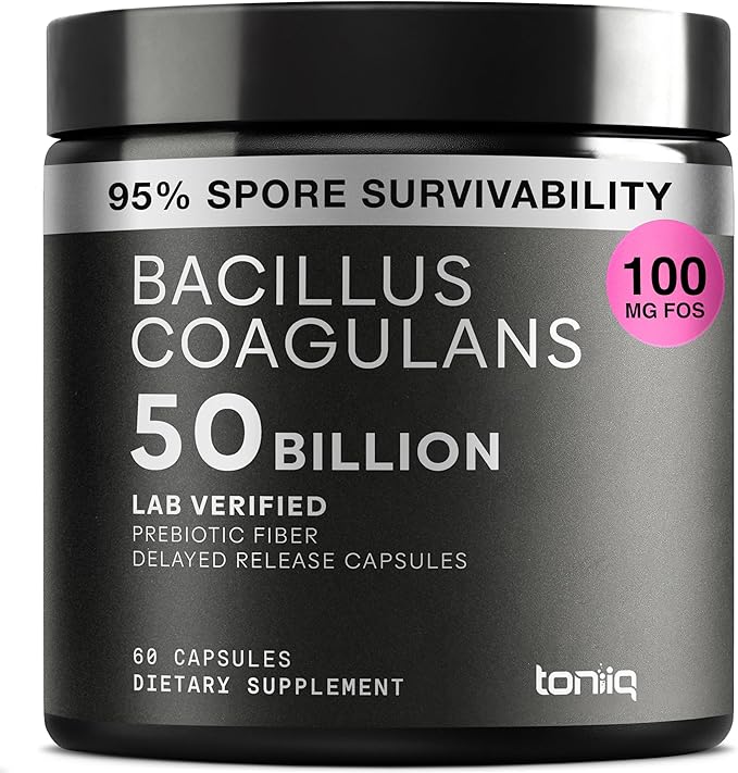Toniiq Bacillus Coagulans Probiotic Supplement – Ultra High Strength 50 Billion CFU with FOS Prebiotic – Spore-Based Probiotic for Exceptional Stability – Third-Party Tested – 60 Capsules