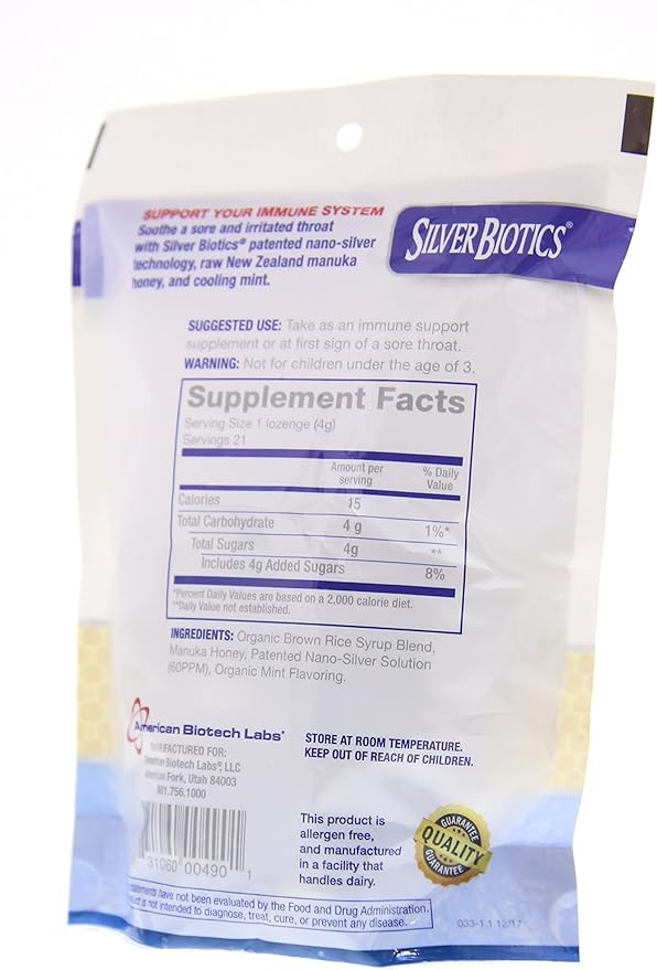 American Biotech Labs Silver Biotics Silver Lozenges w/60ppm SilverSol and Manuka Honey, Mighty Manuka Mint (21 Count) (2 Pack)
