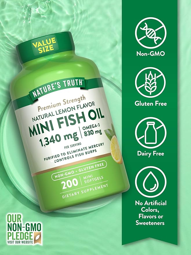 Nature's Truth Fish Oil Omega 3 | 1340 mg | 200 Mini Softgels | Burpless Lemon Flavor Pills | Non-GMO & Gluten Free Supplement