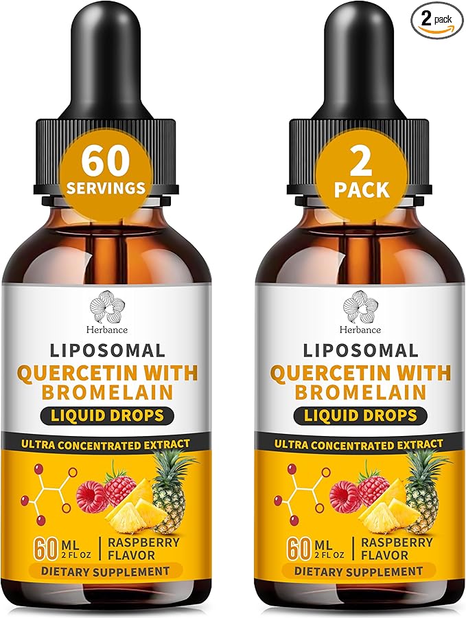 (2 Pack) Liposomal Quercetin with Bromelain Liquid Drops for Kis & Aldult- Higher Absorption, Quercetin Supplements 700mg w. Bromelain Elderberry Zinc Vitamin C for Immune, Heart, Antioxidant Support