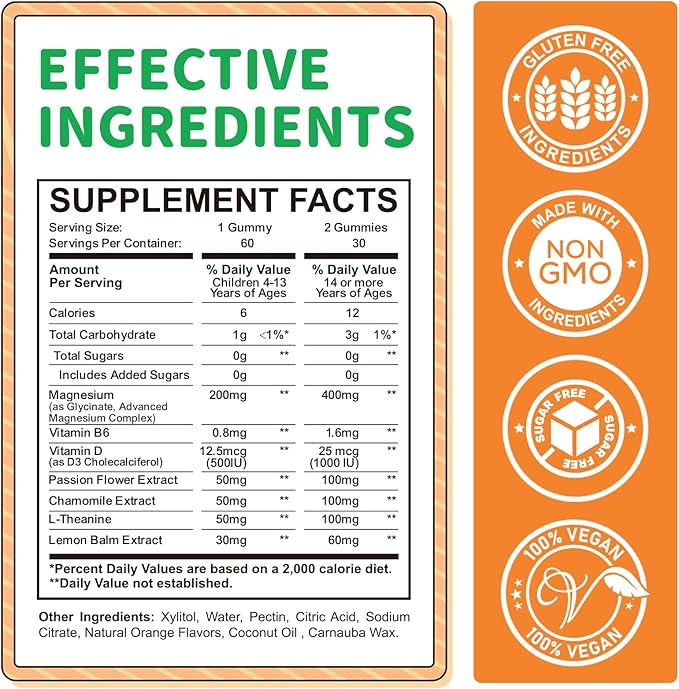 Magnesium Gummies for Kids - Magnesium Glycinate Gummies Supplement with L-Theanine, Vitamin B6, D3 for Adults & Kids, Calm Magnesium for Sleep, Relaxation, Brain, Bones,Sugar Free Orange 120ct