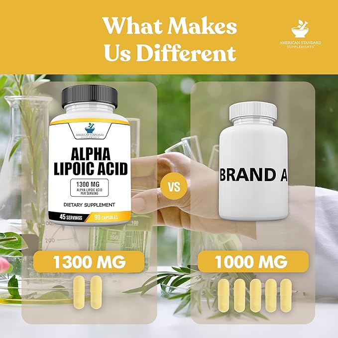 American Standard Supplements Alpha Lipoic Acid 1300mg Per Serving - Vegan, Gluten Free, Non-GMO, 90 Capsules, 45 Servings