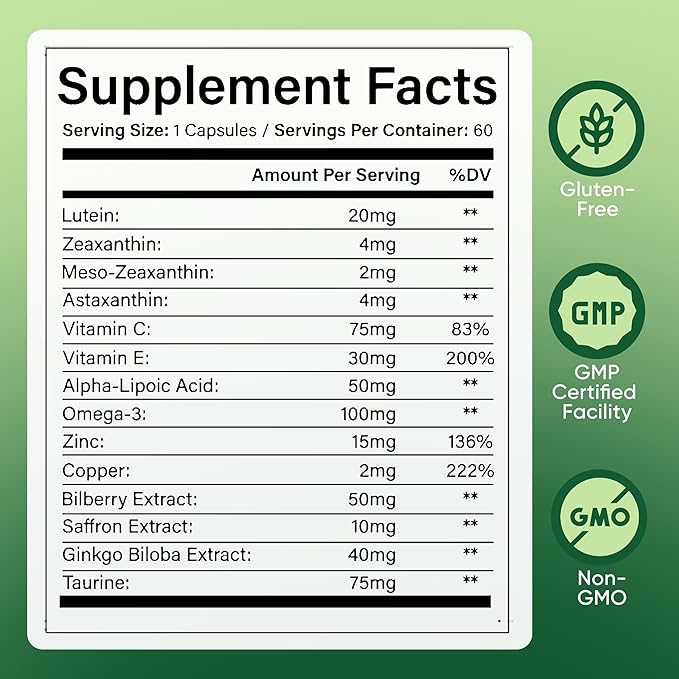 14 in 1 Advanced Eye Formula, Eye Supplement with Lutein, Zeaxanthin, Astaxanthin, Bilberry Extract & Zinc, Eye Vitamin and Mineral Supplement for Adults & Seniors, 60 Capsules (1)