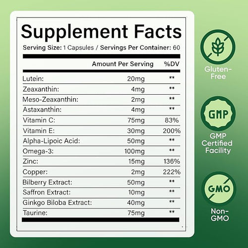 14 in 1 Advanced Eye Formula, Eye Supplement with Lutein, Zeaxanthin, Astaxanthin, Bilberry Extract & Zinc, Eye Vitamin and Mineral Supplement for Adults & Seniors, 60 Capsules (1)