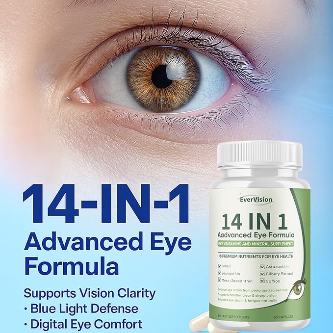 Evervision 14 in 1 Advanced Eye Formula, Neurobella Eye Vitamin and Mineral Supplement with Zinc, Lutein, Zeaxanthin & Bilberry Extract, 60 Capsules (1)