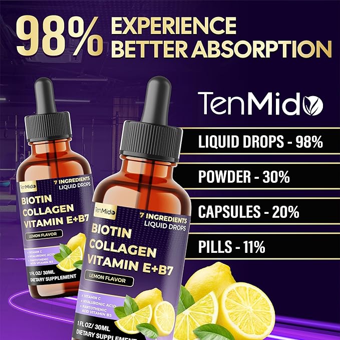 7in1 Biotin and Collagen Supplements - Biotin Liquid Drops with B5 Pantothenic Acid, Vitamin C, Vitamin E, Zinc, Hyaluronic Acid - 30ml 1 Fl Oz