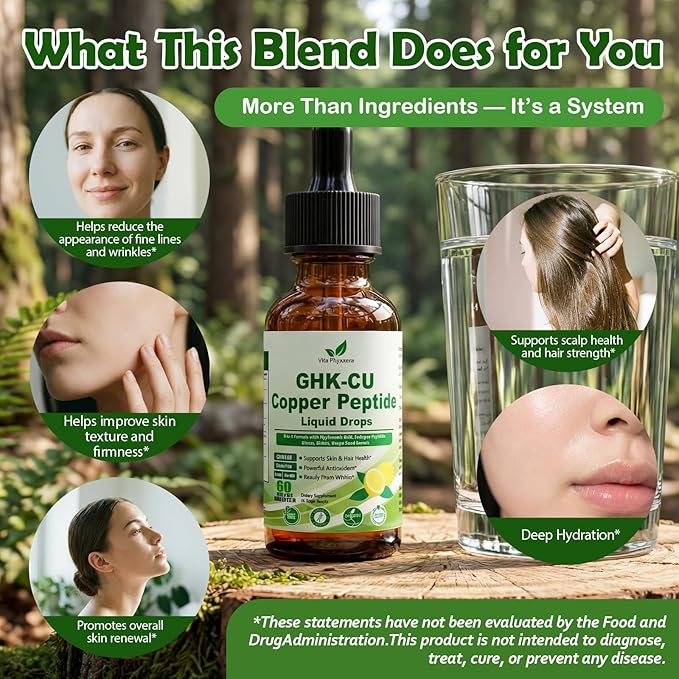 Vita PLynxera GHK-CU Peptide Supplement Liquid Drops, Premium 6-in-1 GHK CU Copper Peptides w. Marine Collagen Hyaluronic Acid Biotin for Anti-Aging, Skin Hair Growth Support, Oral Drops丨Women Men