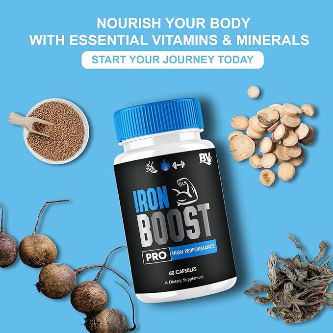 Iron Boost Pro Premium Supplement Capsules, Iron Boost Advanced Health Supplement Pills, Iron Boost Premium Daily Advanced Health Support and Overall Wellness Formula by Blue Vibe (60 Capsules)