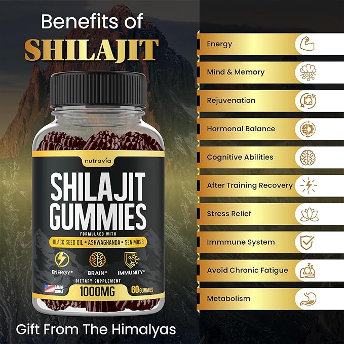 Shilajit Gummies - 3 in 1 with Sea Moss, Black Seed Oil, Ashwagandha - Natural Formula Shilajit Supplement 85+ Trace Minerals, Pure Himalayan Shilajit Gold Gomitas De Shilajit, USA Made (60 Gummies)