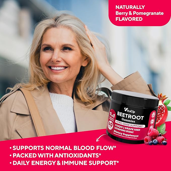 Beet Root Gummies – Beetroot Supplement with CoQ10, Grape Seed, Vitamin C, B12 & B3 – Nitric Oxide Gummies for Circulation Support – Beet Supplement for Energy & Immune Support – 60 Beets Chews