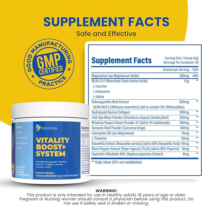 Vitality Boost+ System – Daily Energy & Stress Support Powder – 500mg KSM-66® Ashwagandha, BCAA 2:1:1, Magnesium, CoQ10 & Collagen – 30 Servings – Lemon Ginger – Made in USA