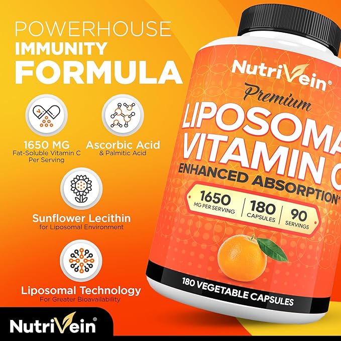 Nutrivein Premium Liposomal Vitamin C Supplement 1650mg - 180 Caps: High-Absorption High Dose Vitamin C Capsules for Whole-Body Defenses & Overall Well-Being