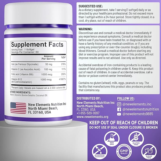 Iron Supplement for Women & Men | Iron Glycinate 50mg + Vitamin C, Folic Acid 1000mcg, Vitamin B12 | Anemia Relief, Energy Boost & Immune Support | Gentle on Stomach, Fast Absorption | 60 Softgels
