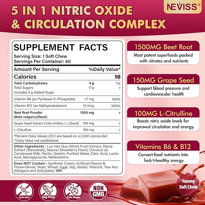 NEVISS Beet Héāŗt Chews 1500mg, Nitric Oxide and Blood Préssũre Support, 5 in 1 Beets Supplements w/Grape Seed, L-Citrulline, Vitamin B6 & B12 for Energy & Circulation Support, 60 Chews, Sugar-Free