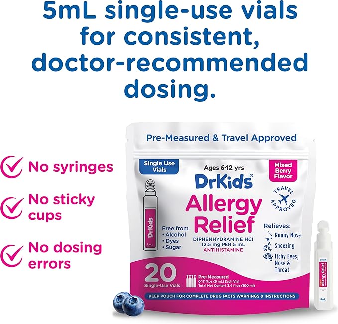Dr. Kids Children's Allergy Relief Medicine with Diphenhydramine HCl 12.5 mg - Pre-Measured Single-Use Vials, Kids Antihistamine for Sneezing, Runny Nose & Itchy Eyes, Mixed Berry Flavor, 20 Count