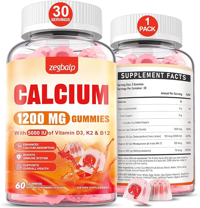 Calcium 1200 mg with Vitamin D3 Supplement for Adults - Calcium Gummies with Vitamin D3 5000IU, K2, B12 for Women Men - Extra Absorption Calcium Citrate - Natural Strawberry Flavor, 60 Gummies